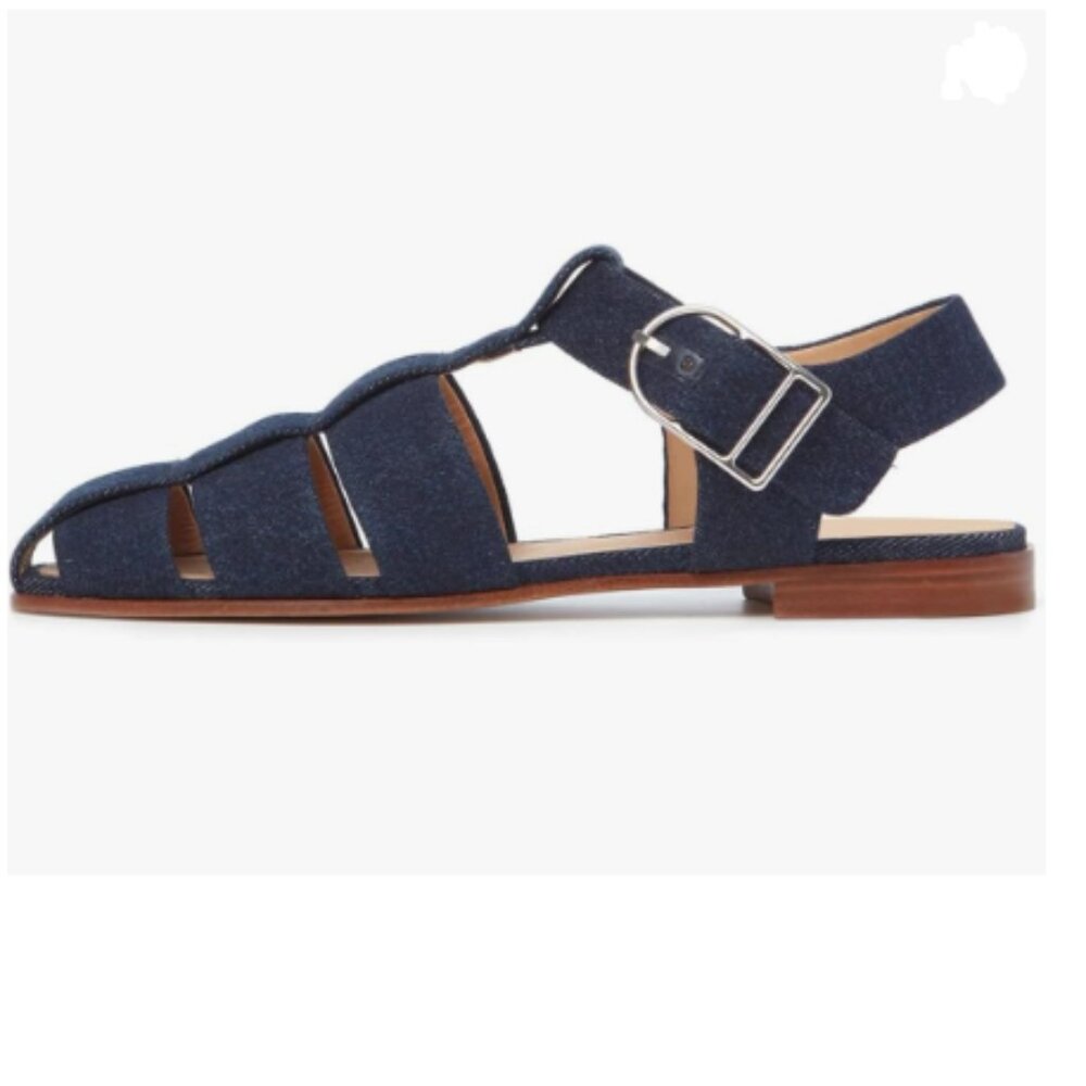 FSJ Dark Blue Denim Vintage Closed Toe Flat Sandals Caged Comfort Shoes